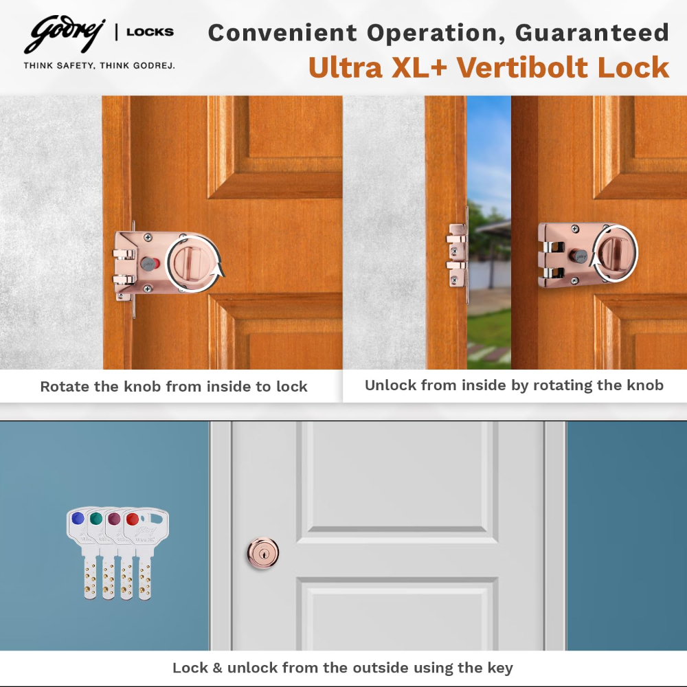 Godrej Rim Lock I Vertibolt 1CK Deadbolt I for Inside Opening Wooden Door | Left or Right Handed Doors I 4 Keys I 5-Year Warranty I Manual Locking l Rose Gold Finish